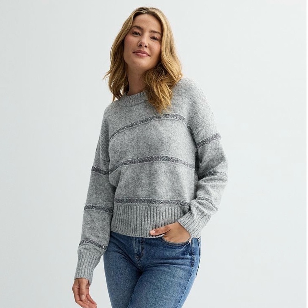 Gray Sequin Striped Crewneck Sweater Women’s Size M